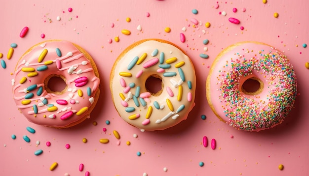 IA generada de icono de donuts dulces y coloridos realistas con glaseado de diferente color