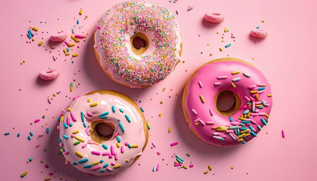 IA generada de icono de donuts dulces y coloridos realistas con glaseado de diferente color