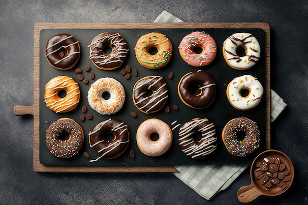 IA generada de icono de donuts dulces y coloridos realistas con glaseado de diferente color