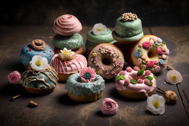 IA generada de icono de donuts dulces y coloridos realistas con glaseado de diferente color