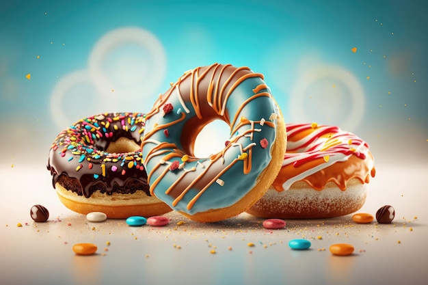 IA generada de icono de donuts dulces y coloridos realistas con glaseado de diferente color