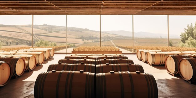 Foto ia generada industria de barriles de vino de viñedo vintage generativo de ia con campo de uva de vino