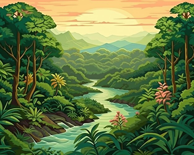 IA generada a través de exuberantes paisajes de selva tropical verde Ilustración IA generativa