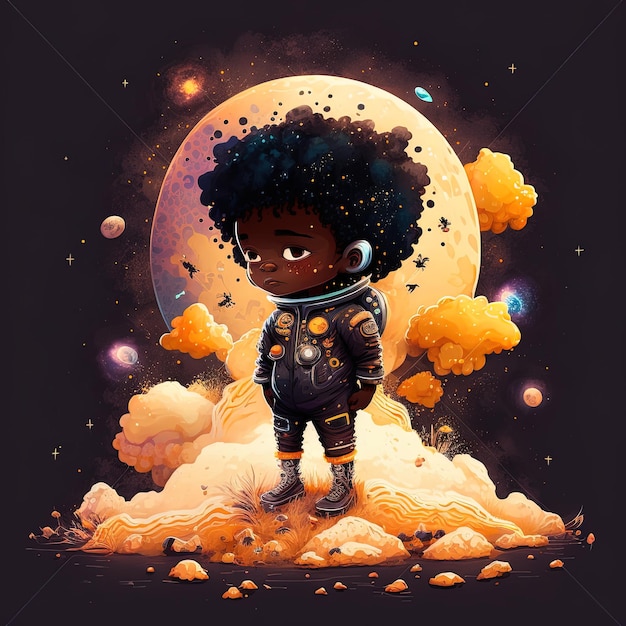 IA generativa Adorable niño negro astronauta en el espacio ultraterrestre de pie en un planeta asteroides de colores brillantes y galaxias luz de la luna brillando estilo chibi Emblema para la tecnología de viajes espaciales lindo