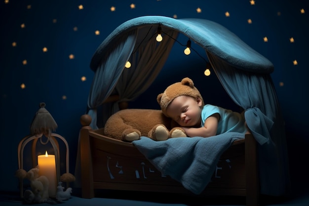 IA generativa Adorável bebê dormindo em um berço azul com dossel à noite Garotinho de pijama