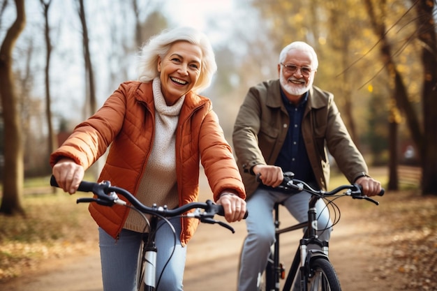 IA generativa Alegre pareja senior activa con bicicleta en un parque público juntos divirtiéndose