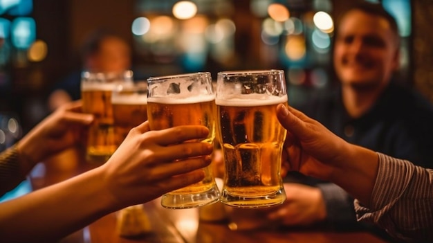 IA generativa y amigos brindando cerveza en un pub