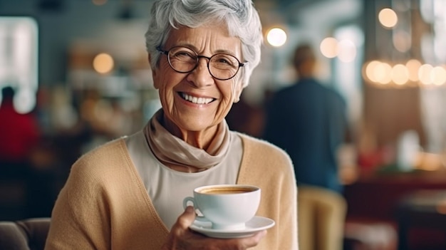 IA generativa y una anciana en un descanso para tomar café