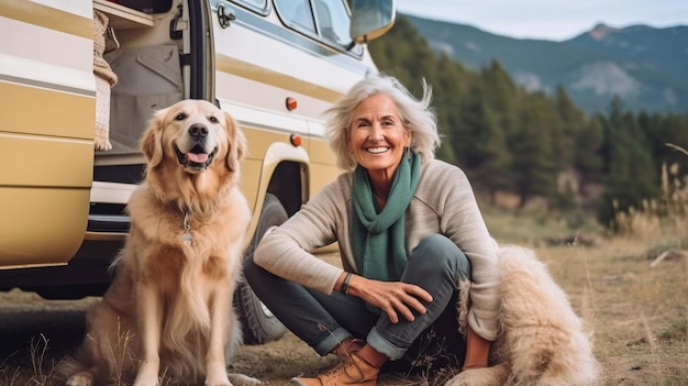 Foto ia generativa de una anfitriona senior feliz que atiende a su golden retriever al lado de una autocaravana