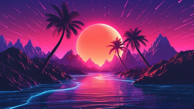 IA generativa anos 80 retrô futurista ficção científica nostálgico anos 90 Noite e pôr do sol cores neon cyberpunk