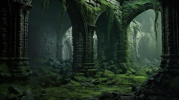 IA generativa Antiguas ruinas verdes de un edificio histórico cubierto de musgo y hierba