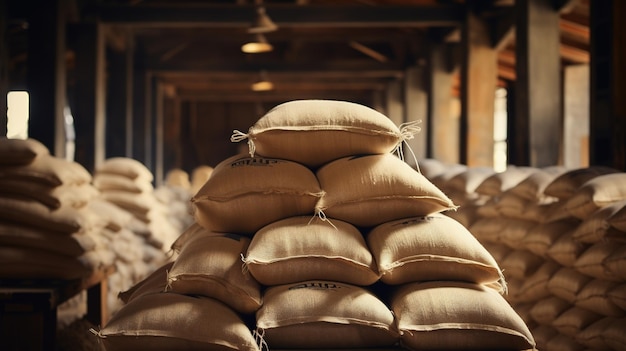 IA generativa Apilar sacos de cáñamo para almacenamiento industrial de arroz o café