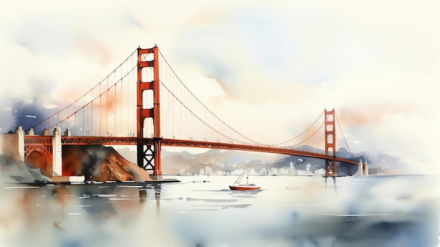IA generativa Aquarela Golden Gate Bridge São Francisco Califórnia Ilustração de paisagem urbana