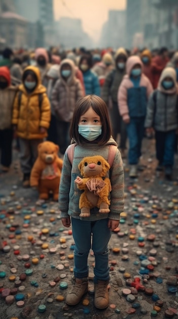 IA generativa Desde arriba, una mujer adulta se pone una máscara médica a una niña mientras está de pie en la ciudad