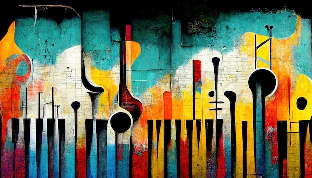 IA generativa Arte callejero con siluetas de llaves e instrumentos musicales Tinta colorida arte de grafiti