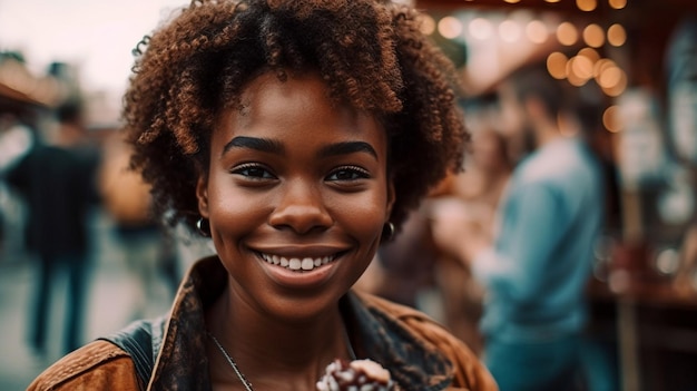 IA generativa atraente jovem negra desfrutando de sorvete em um parque temático