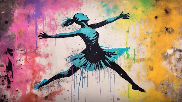 IA generativa Bailando mujer o niña movimiento dinámico Pintura de tinta salpicaduras de colores arte de graffiti callejero