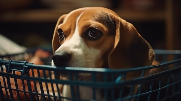 IA generativa un beagle en una canasta en un carrito de compras