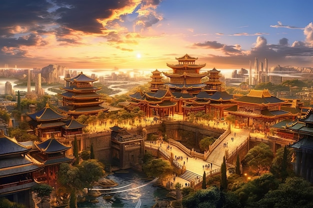 IA generativa bela cidade do céu em estilo chinês arquitetura ouro mansões edifícios enormes colunas de mármore futurista gloriosa roupas antigas pássaros raios de luz do fundo