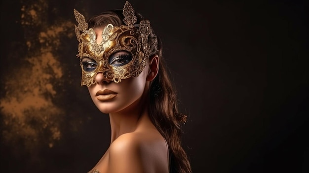 IA generativa bela jovem em enigmática máscara veneziana dourada