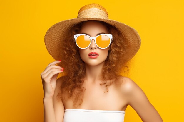 IA generativa bela jovem mulher encaracolada em chapéu de verão e óculos de sol em fundo amarelo colorido