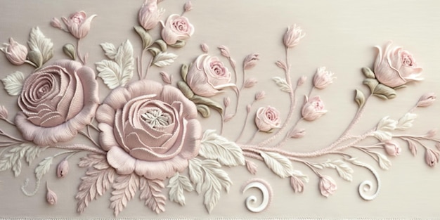 IA generativa bordada em estilo chique barroco com rosas claras Estampa floral em fundo de seda