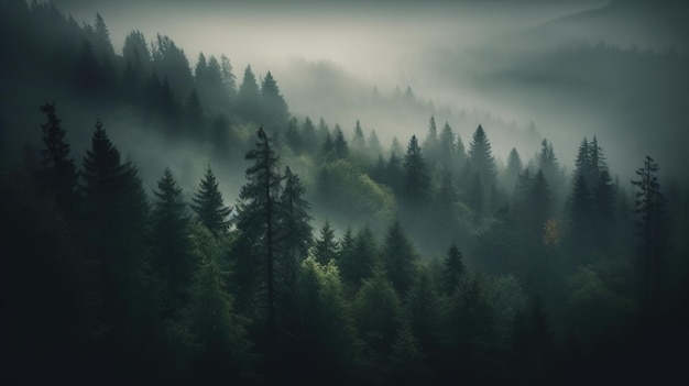 IA generativa Bosque de abetos brumosos hermoso paisaje en montañas de niebla de estilo retro vintage hipster
