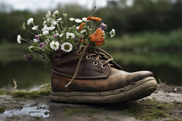 IA generativa Bota vieja con prado flores de primavera plantador de zapatos hecho a mano Activismo ambiental