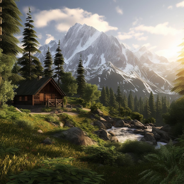 IA generativa una cabaña de madera ubicada en una ladera en el bosque con montañas al fondo
