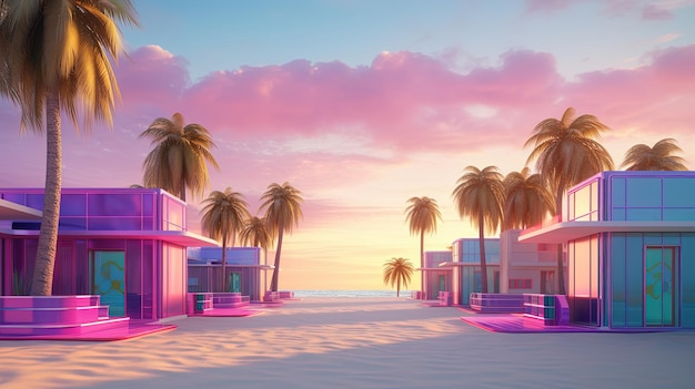 IA generativa Cabanas de praia de Miami Summer Vibes ilustração retrô Cores vintage rosa e azul