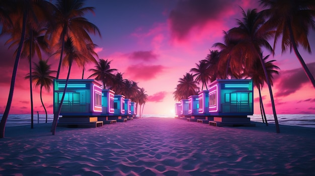 IA generativa Cabanas de praia de Miami Summer Vibes ilustração retrô Cores vintage rosa e azul