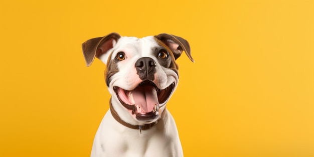 IA generativa Cachorro de perro feliz guiñando un ojo y sonriendo sobre un fondo amarillo de color con cerrado