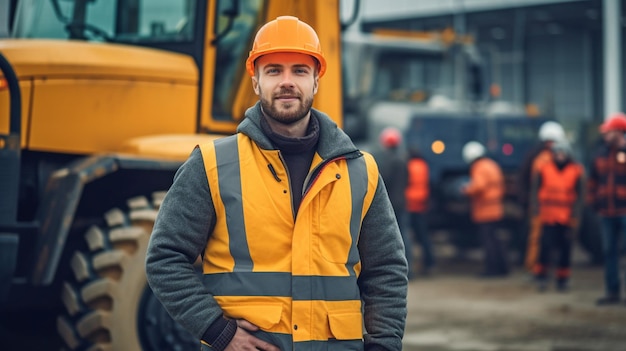 IA generativa y un capataz seguro de sí mismo con una chaqueta colorida y un casco de seguridad en un sitio de construcción