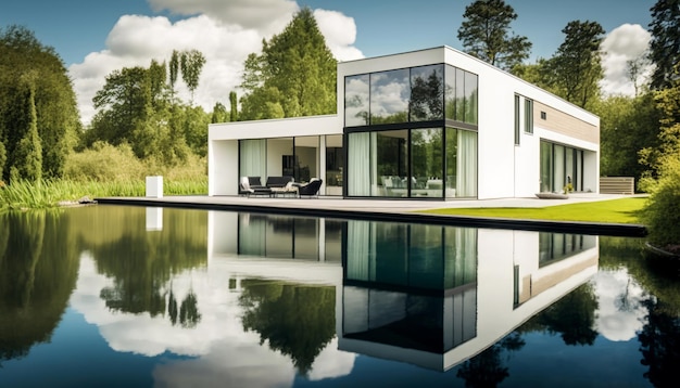 IA generativa de casa blanca moderna con piscina y jardín junto al lago