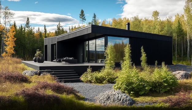 IA generativa de casa moderna y acogedora con hermosos paisajes en el fondo Día claro y soleado de otoño con cielo azul