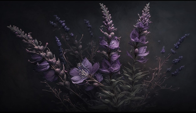 IA generativa Cerca de macizos de flores florecientes de increíbles flores de color púrpura lavanda en malhumorado oscuro