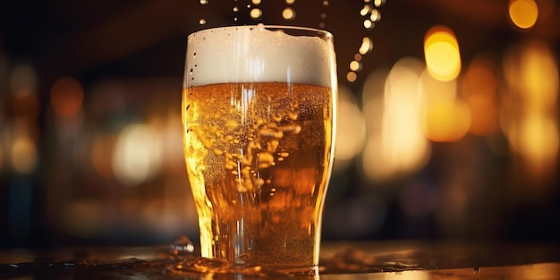 IA generativa Cerveza recién tirada Bartender sosteniendo un vaso de cerveza recién tirada en la mano