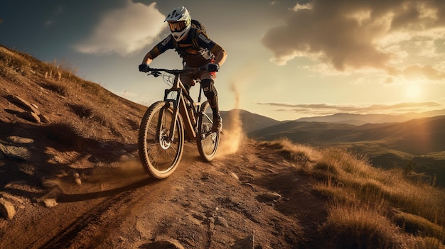 IA generativa Ciclismo de montanha homem andando de bicicleta em montanhas floresta paisagem ciclista