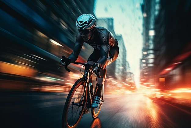 IA generativa, un ciclista acelerando por una foto de larga exposición en la calle