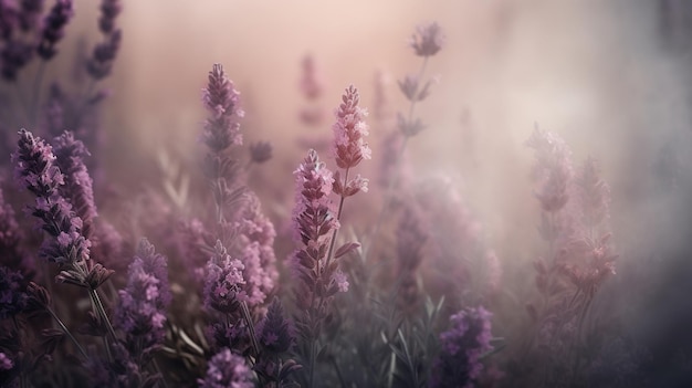 IA generativa Cierre el campo de lavanda en crecimiento con lavandula en flor de humo de perfume