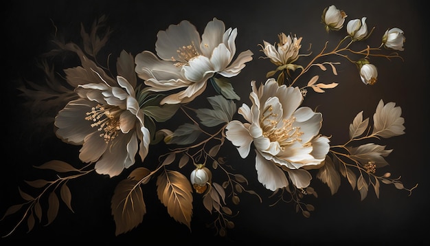 IA generativa Close-up de canteiros de flores florescentes de incríveis flores brancas e douradas no escuro mal-humorado