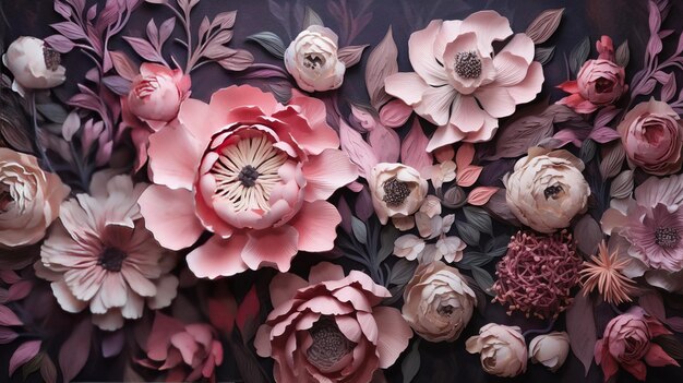 IA generativa Close-up de canteiros de flores florescentes de incríveis flores rosa claro no escuro mal-humorado