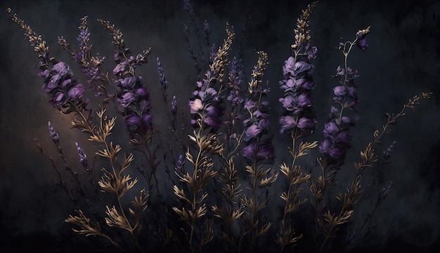 IA generativa Close-up de canteiros de flores florescentes de incríveis flores roxas de lavanda no escuro mal-humorado