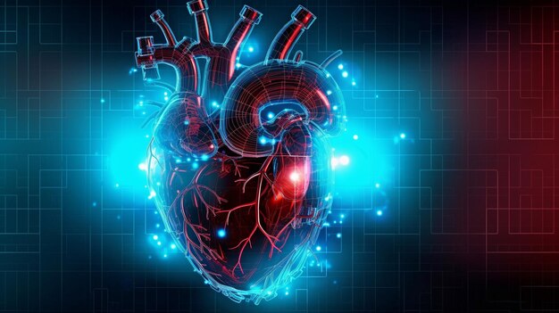 IA generativa com um coração humano em um fundo de tecnologia cibernética digital neonlit