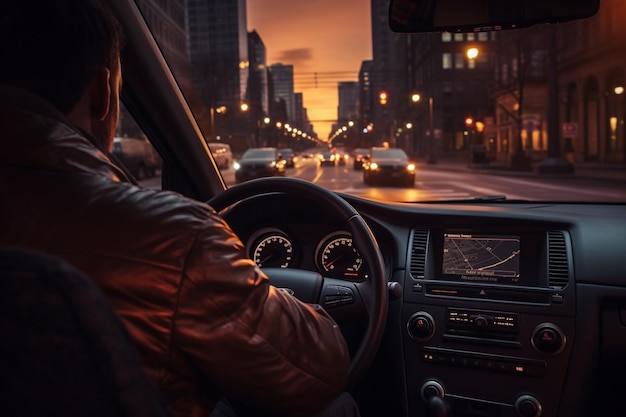 IA generativa Un conductor masculino conduce a gran velocidad por las calles de la ciudad, una vista desde el interior