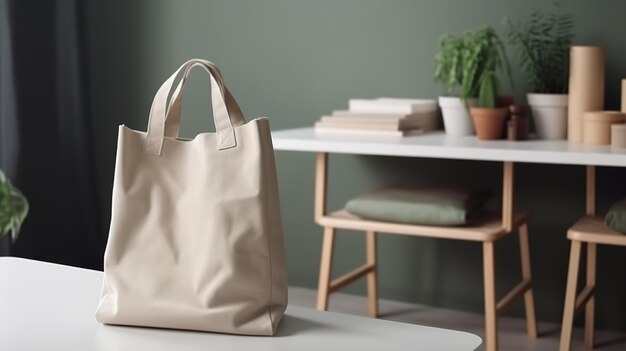 IA generativa Configuración de bolsa de tela de lona beige realista en el interior de la casa maqueta de comprador