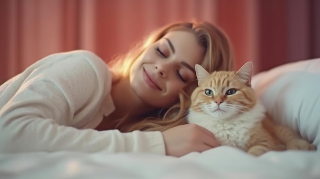 IA generativa de contenido mujer y gato en la cama en casa