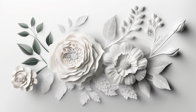 IA generativa Corte de papel artesanal flores y hojas color blanco origami floral fondo texturizado