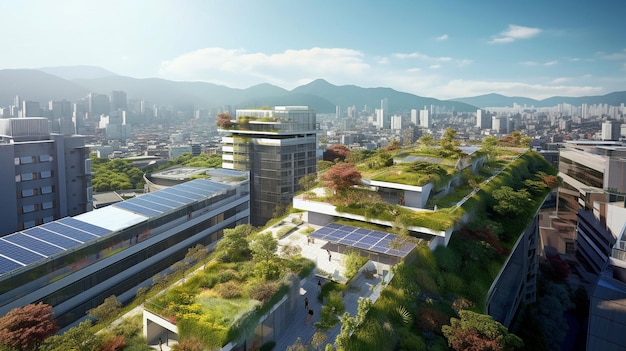 La IA generativa crea un paisaje urbano sostenible con paneles solares y techos verdes bajo un cielo lleno de cielos azules limpios