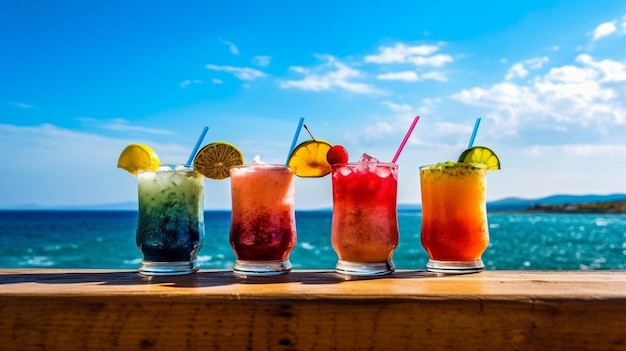 La IA generativa crea vibrantes bebidas tropicales en la orilla con un fondo de mar y cielo